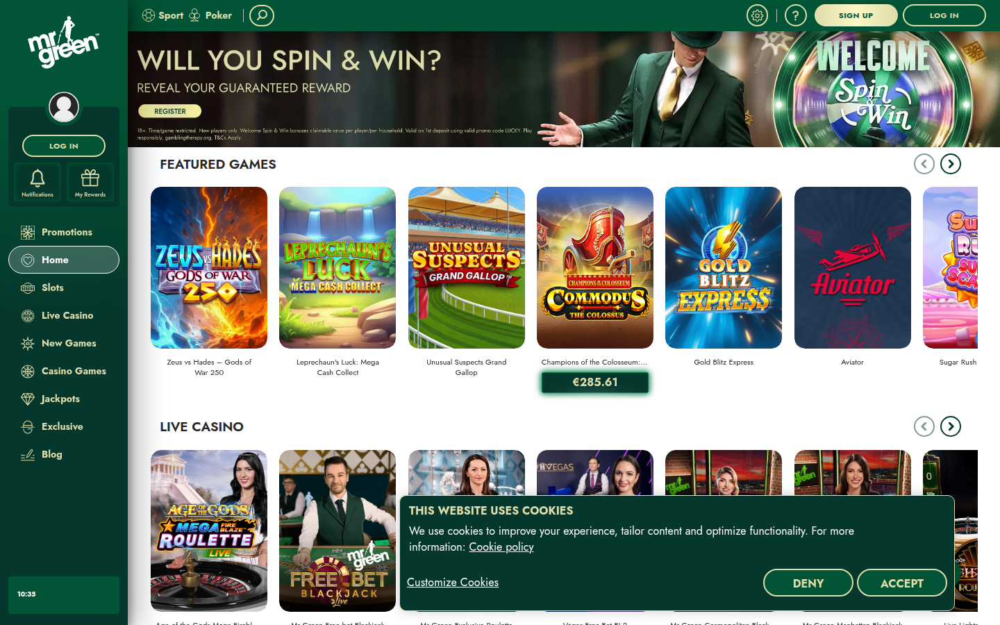 Mr Green Casino lobby screenshot