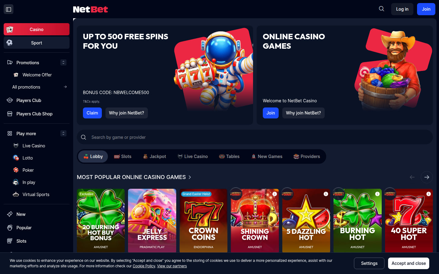 NetBet Casino lobby screenshot