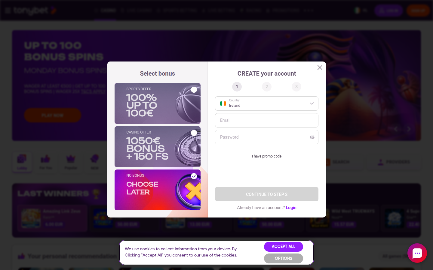 TonyBet lobby screenshot